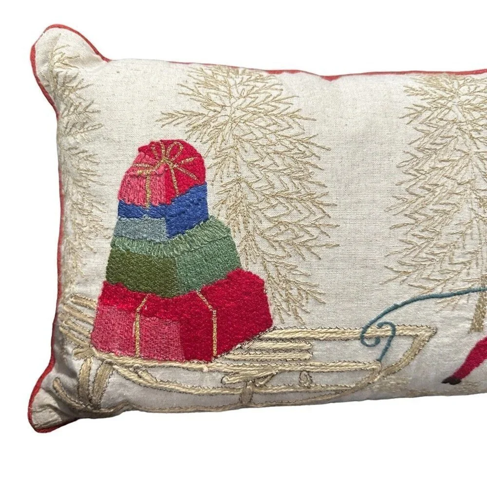 Accent Throw Pillow 12x20‎ Inch Santa Sleigh Reindeer Multicolor Embroidered EUC